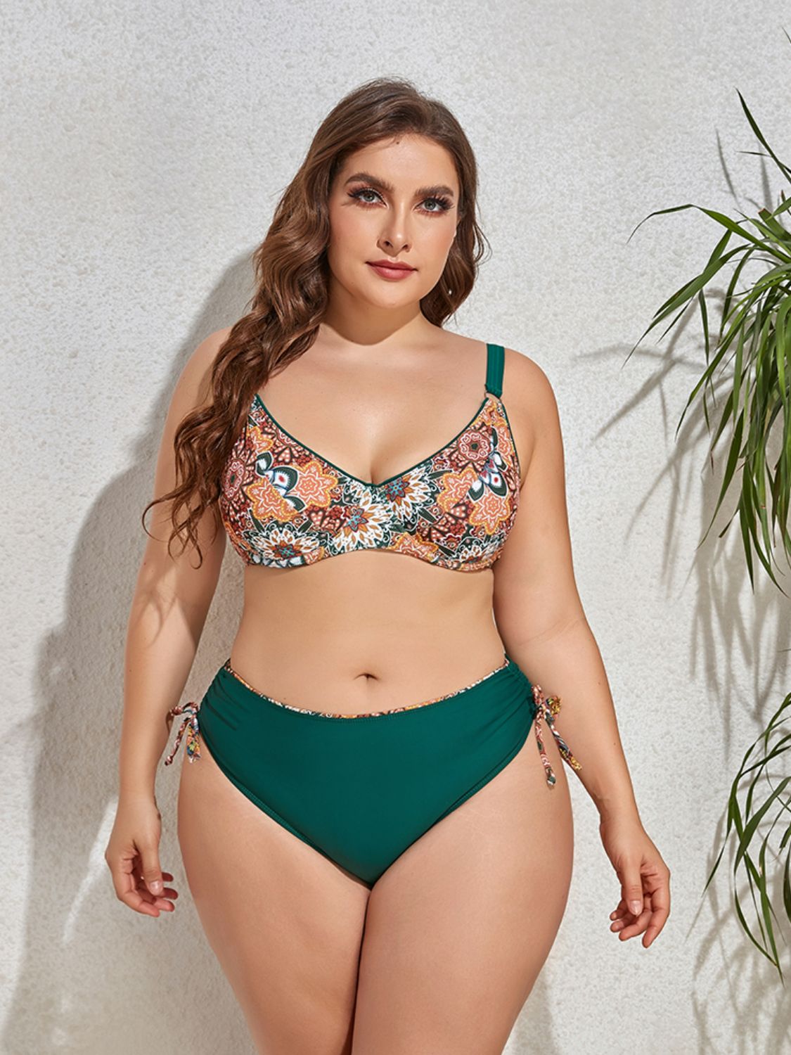 Plus Size Printed V-Neck Drawstring Bikini Set