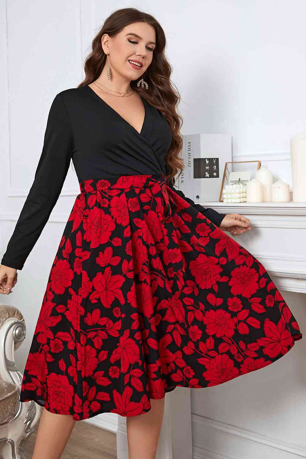 Plus Size Floral Surplice Neck Long Sleeve Dress