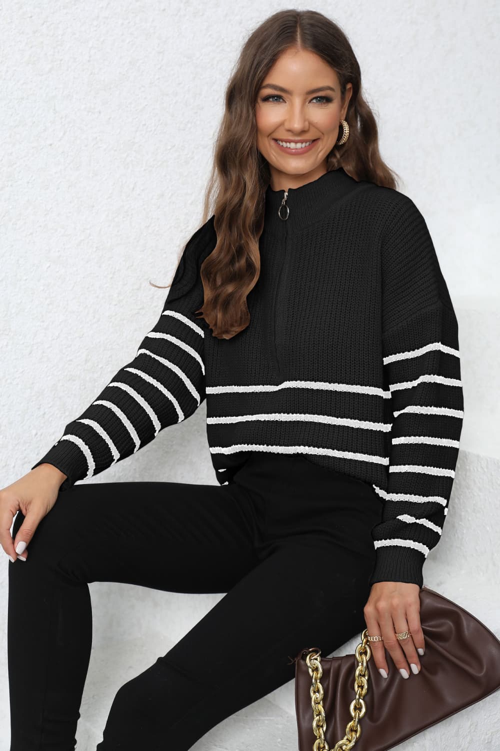 Mock Neck Long Sleeve Zip-Up Sweater