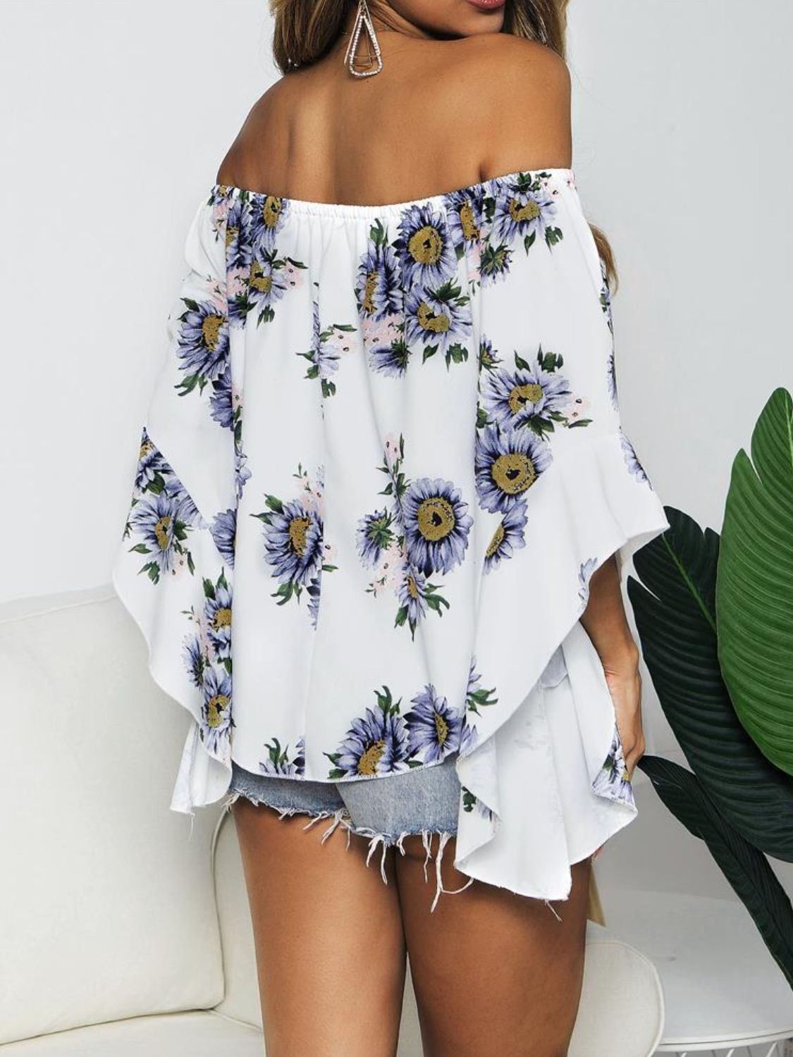 Floral Print Off-Shoulder Flounce Sleeve Blouse