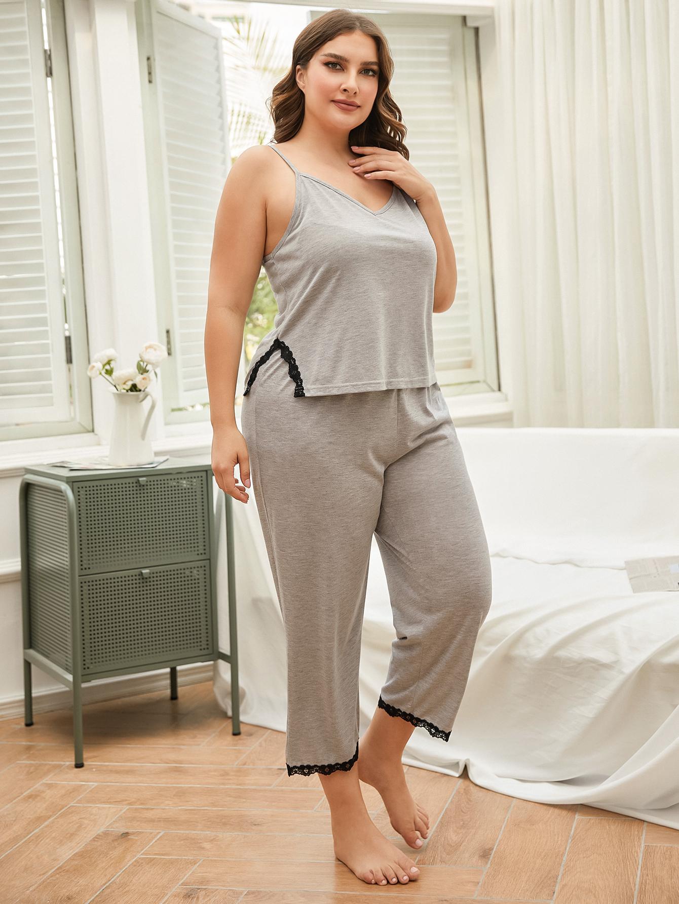 Ensemble de Pyjama avec Caraco et Pantalon Fendus en Dentelle de Grande Taille