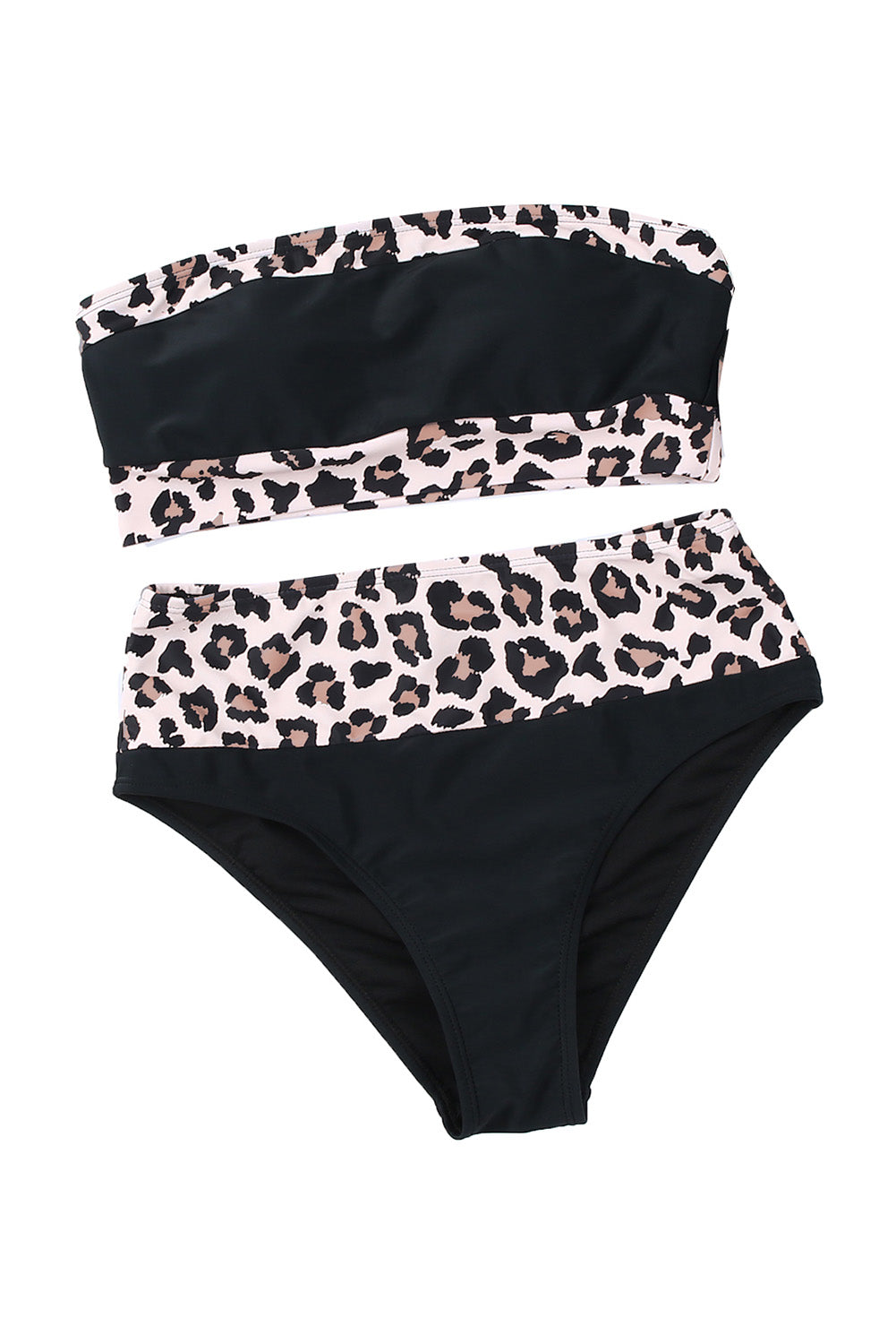 Bikini bandeau con ribete de estampado de leopardo sexy rosa neón