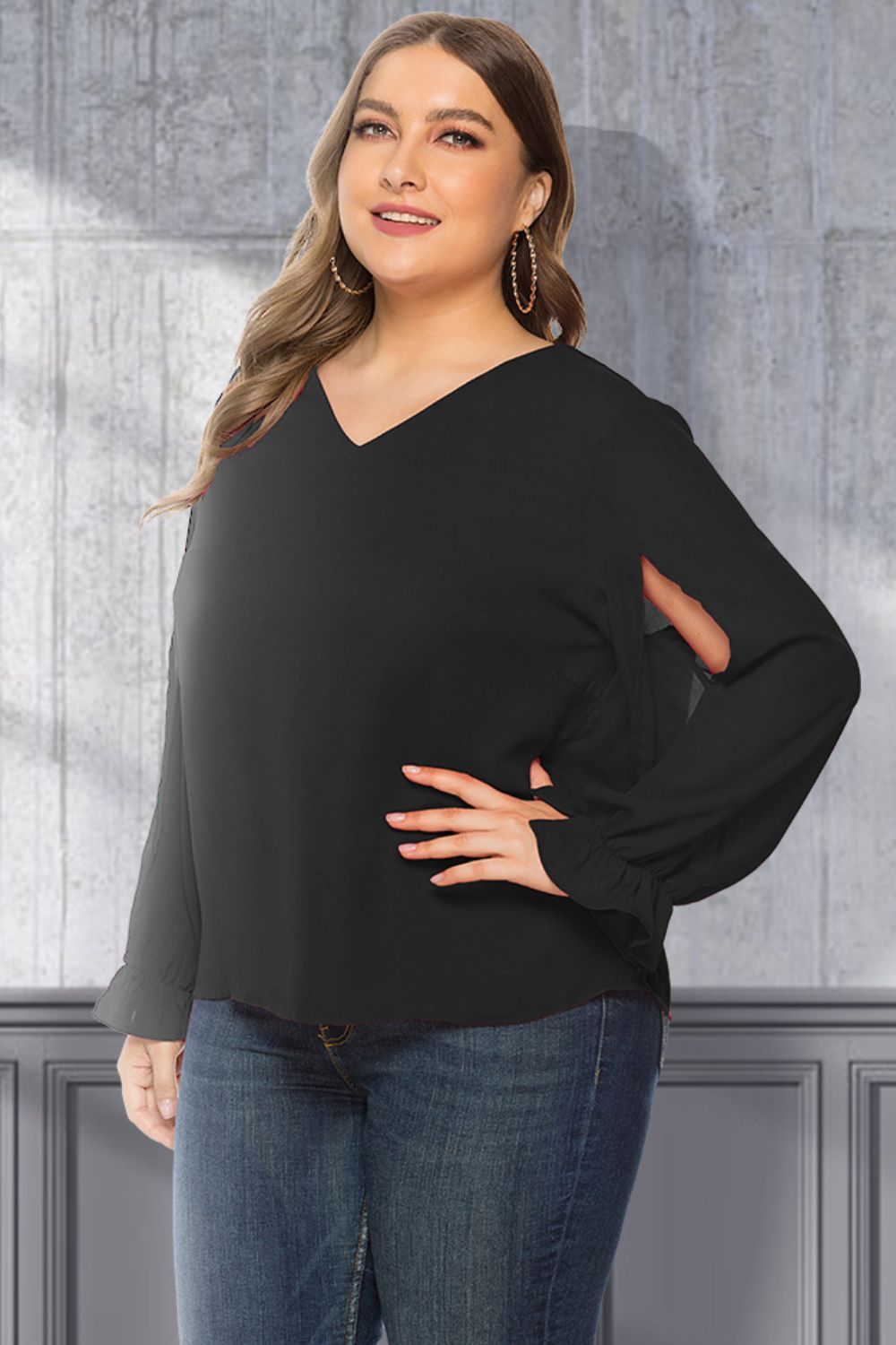 Plus Size Cutout Flounce Sleeve Blouse