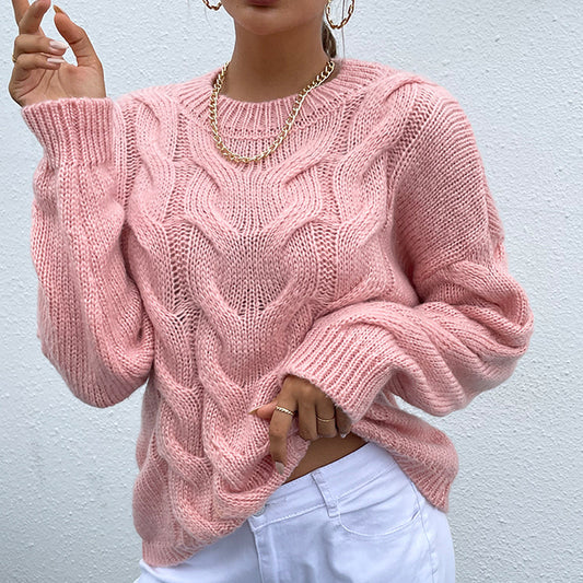 Cable-Knit Round Neck Long Sleeve Sweater