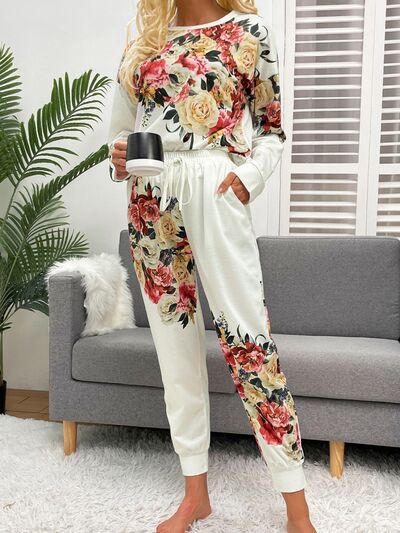 Printed Round Neck Top and Drawstring Pants Lounge Set