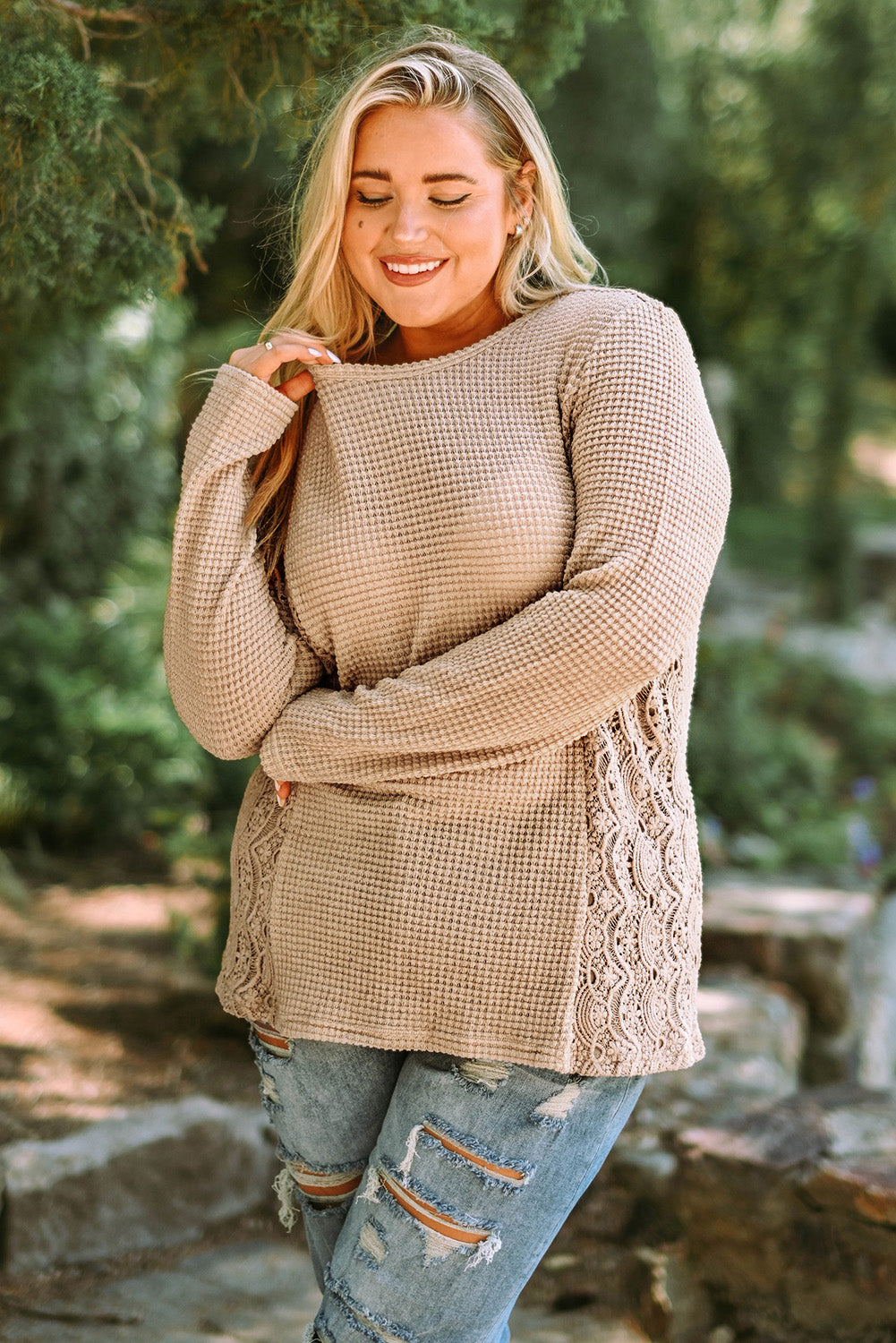 Haut en Dentelle Épissé en Tricot Gaufré de Grande Taille