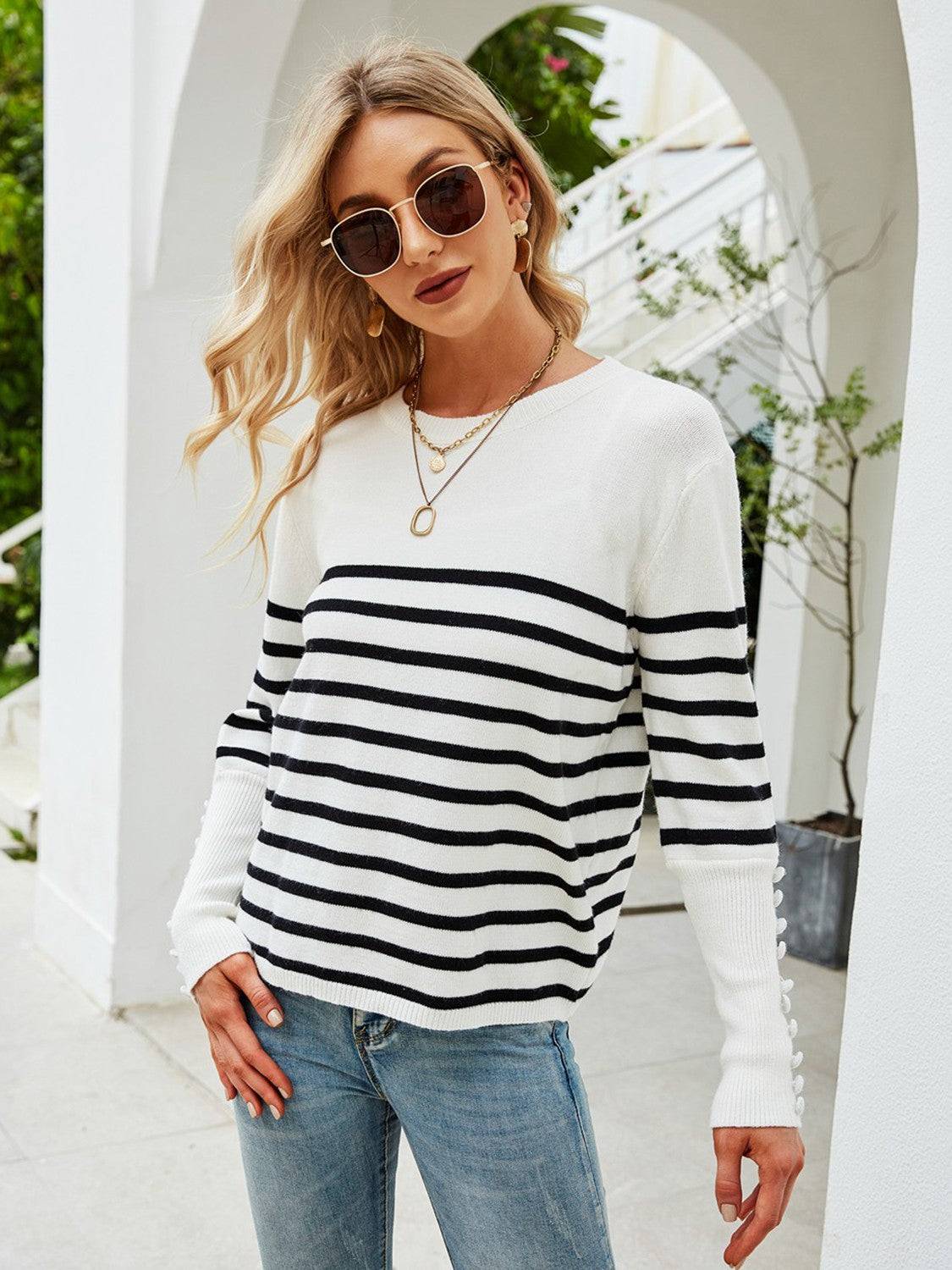 Striped Decorative Button Knit Top