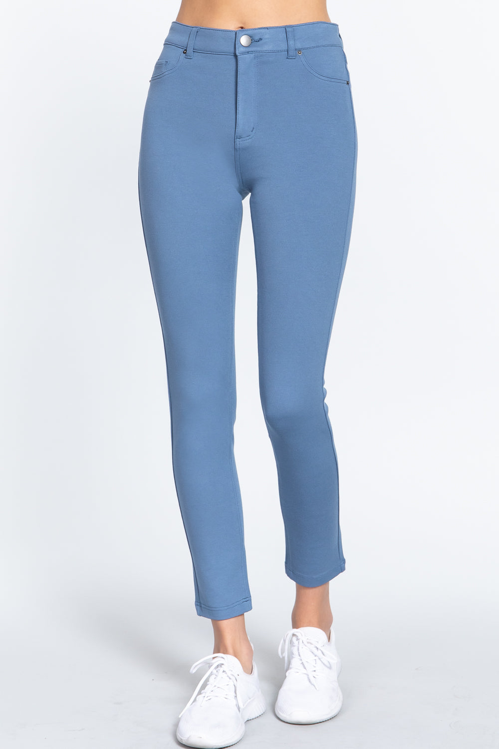 Pantalon taille mi-haute coupe skinny en point de Rome à 5 poches