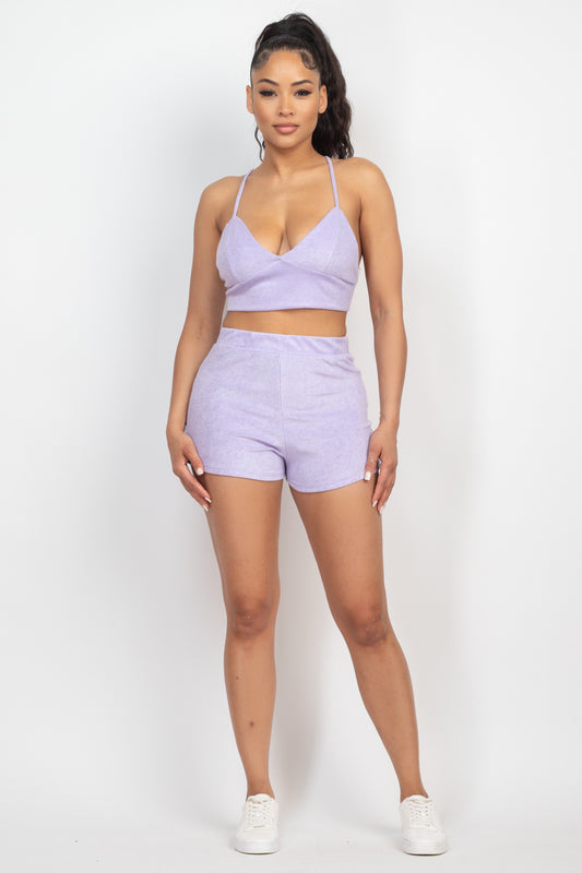 Ensemble haut bralette et mini short en tissu éponge