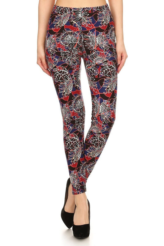 Leggings sólidos básicos de cintura alta con estampado floral con 1 cintura elástica