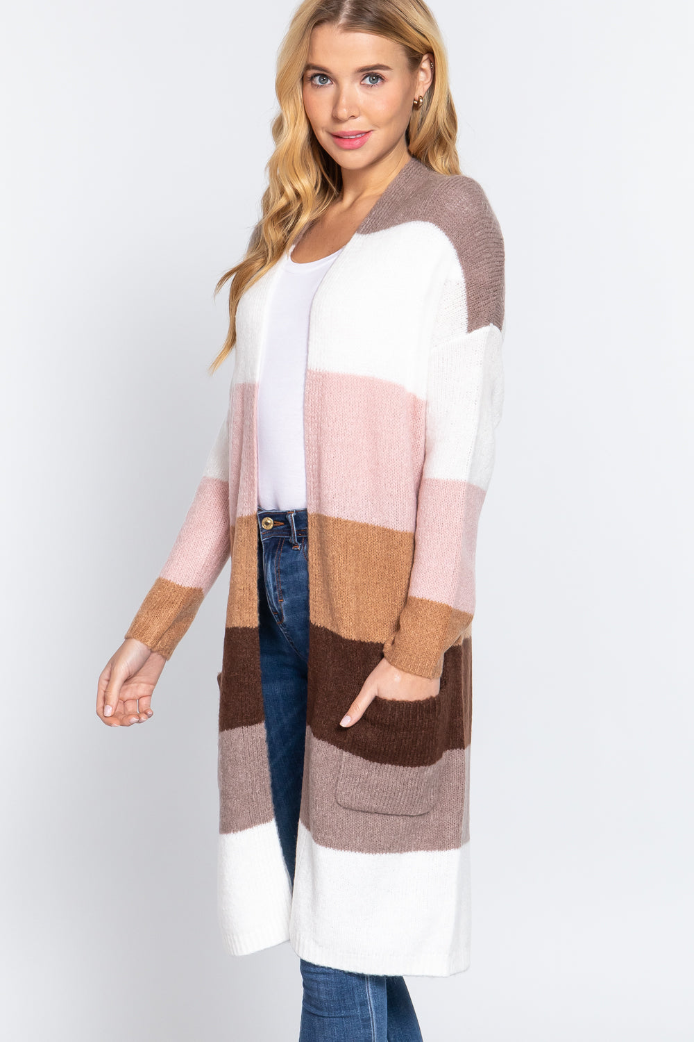 Open Front Color Block Cardigan