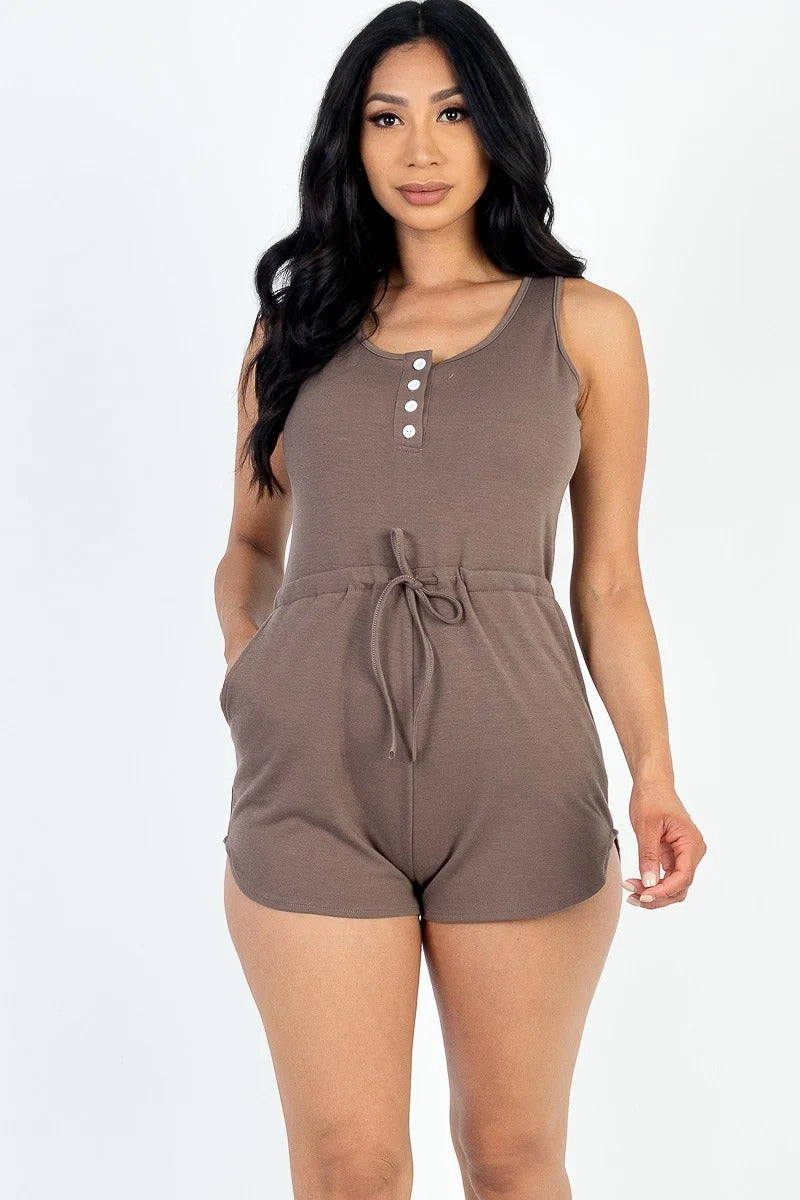 Sleeveless Drawstring Waist Button Tank Romper