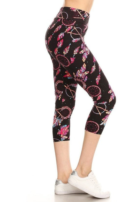 Legging capri en tricot imprimé attrape-rêves doublé de style yoga avec taille haute.