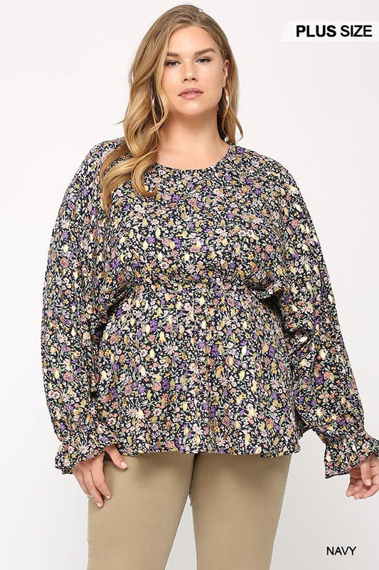 Top tejido floral y dorado metalizado con cintura elástica y dobladillo peplum