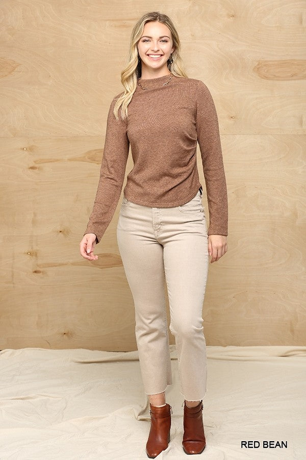 Solid And Cozy Soft Knit Mock Neck Top With Side Ruched Detail