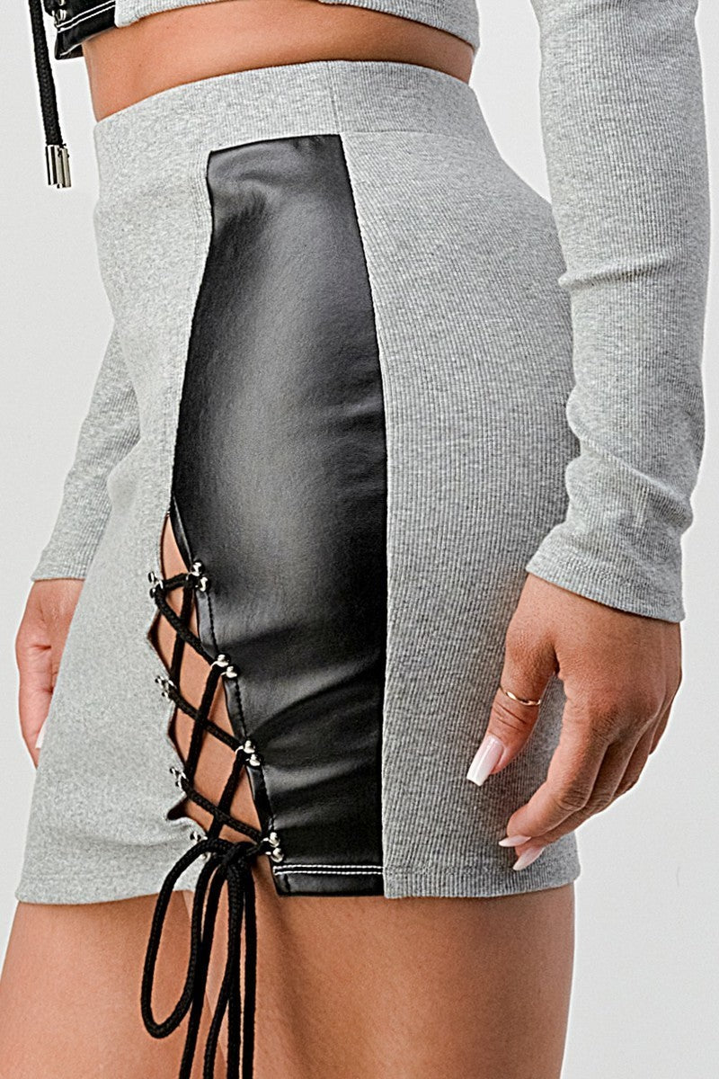 2 Piece Set With Cropped Long Sleeve Shirt With Pu Leather Detail Matching Mini Skirt