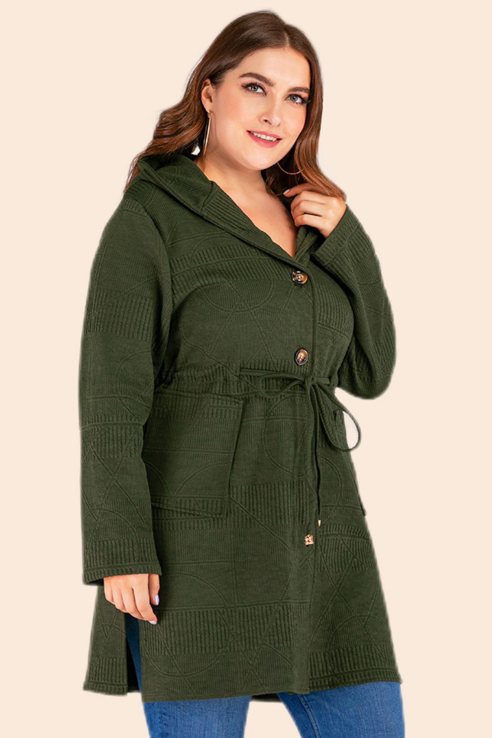 Plus Size Drawstring Waist Hooded Cardigan with Pockets