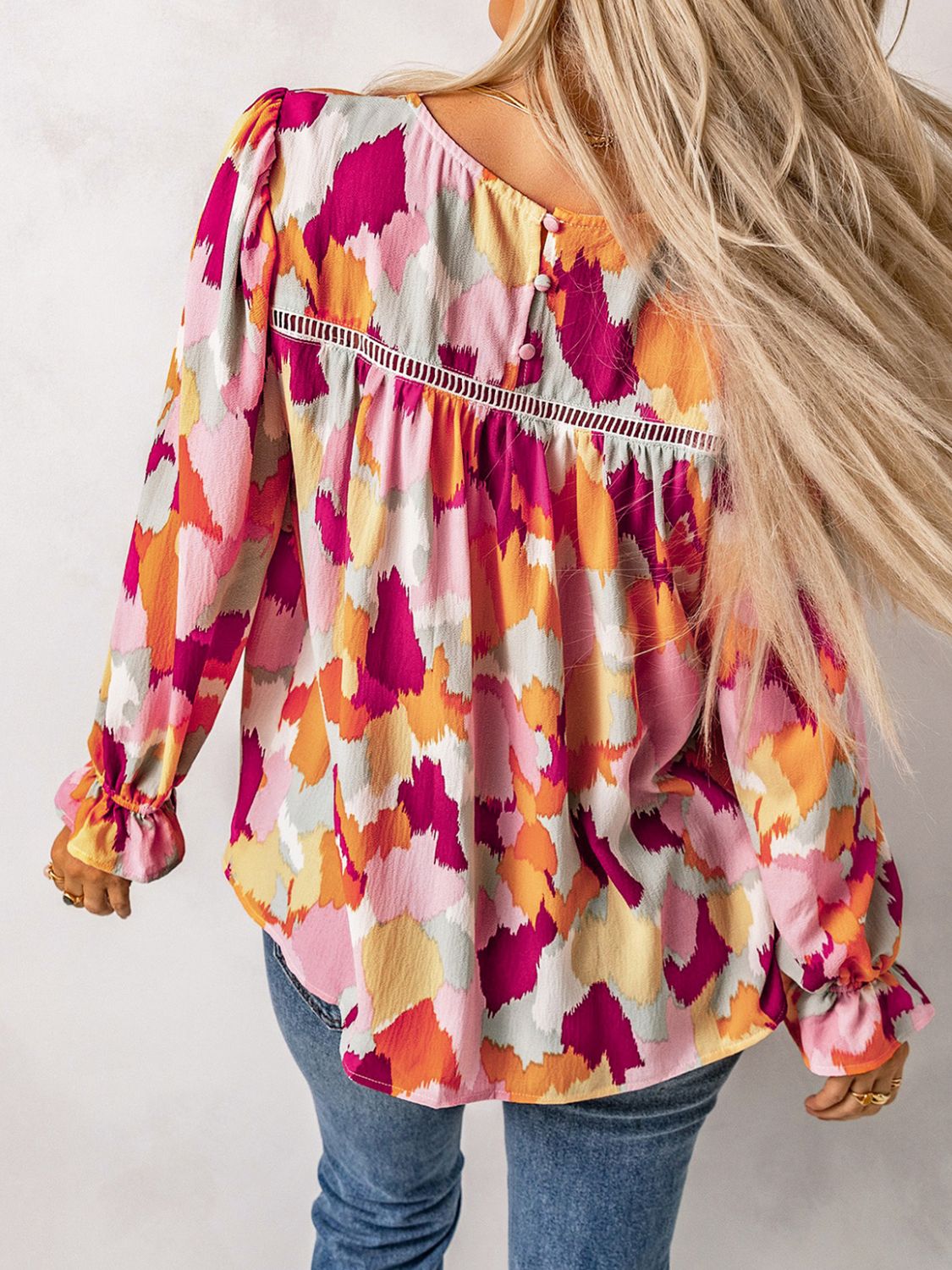 Printed Flounce Sleeve Buttoned Blouse