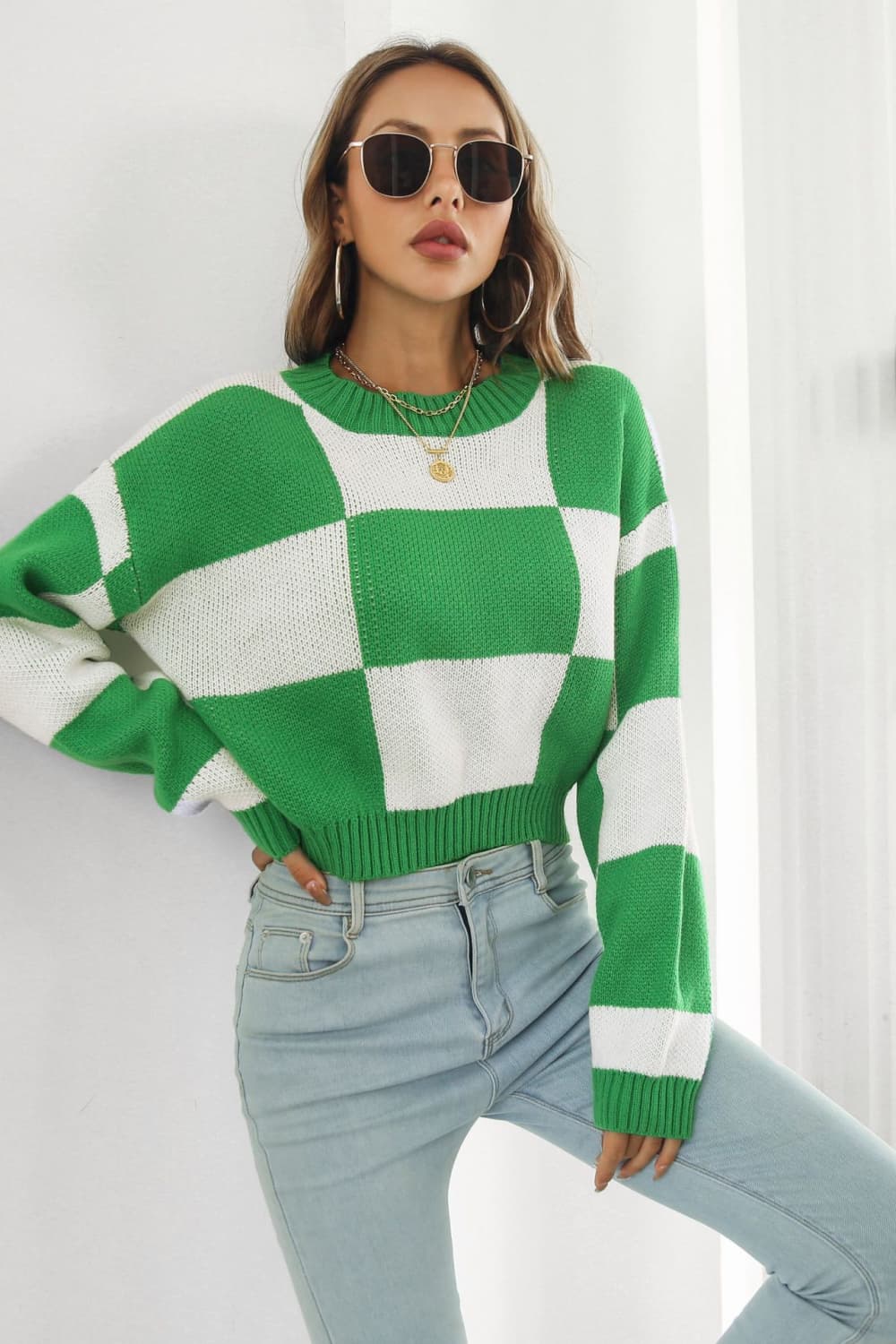 Color Block Round Neck Dropped Shoulder Sweater