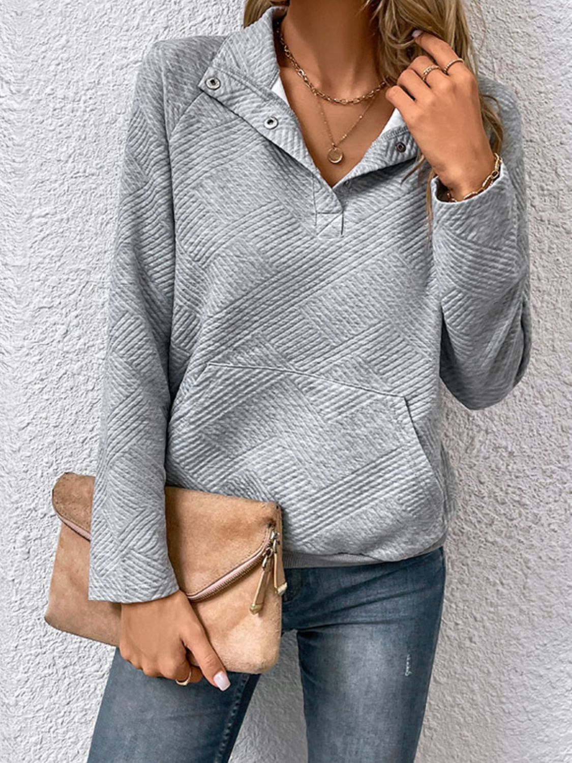 Raglan Sleeve Collared Neck Sweatshirt with Pocket