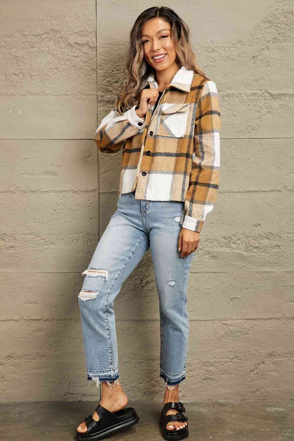 Double Take Plaid Collared Neck Jacket with Breast Pockets