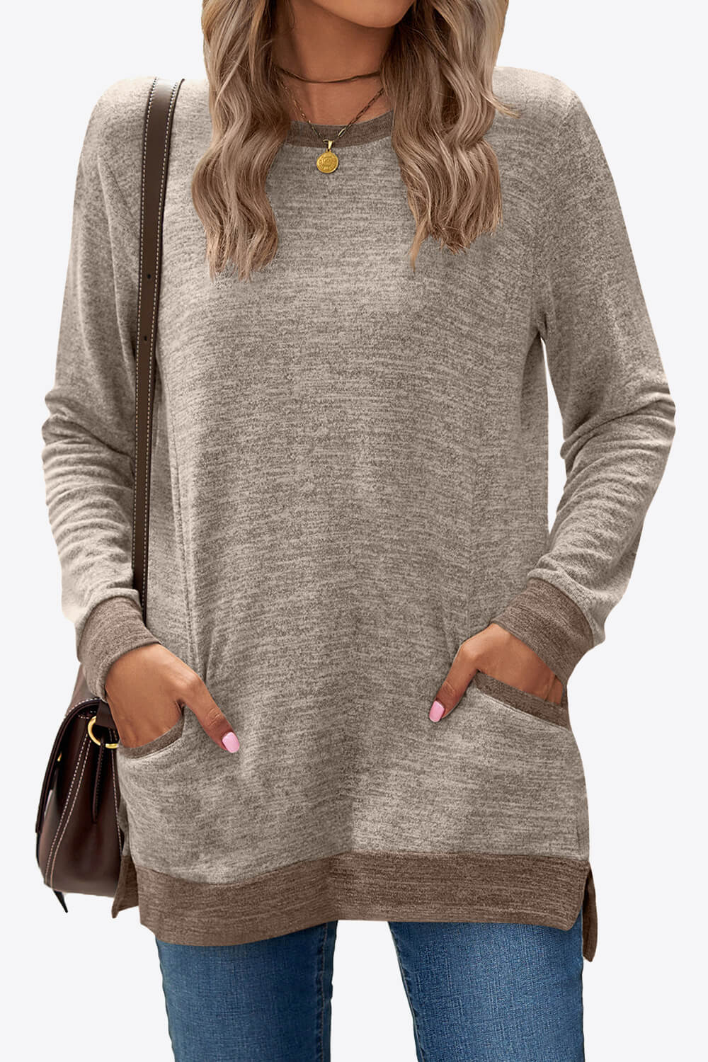 Heathered Slit Top with Pockets