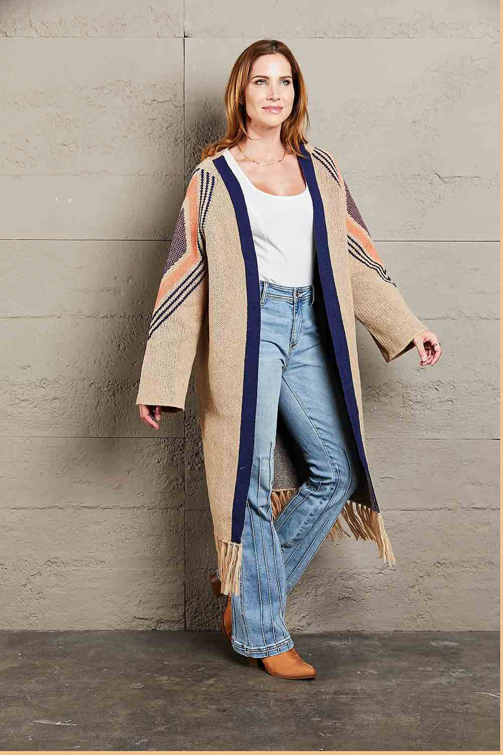 Double Take Geometric Fringe Hem Open Front Duster Cardigan