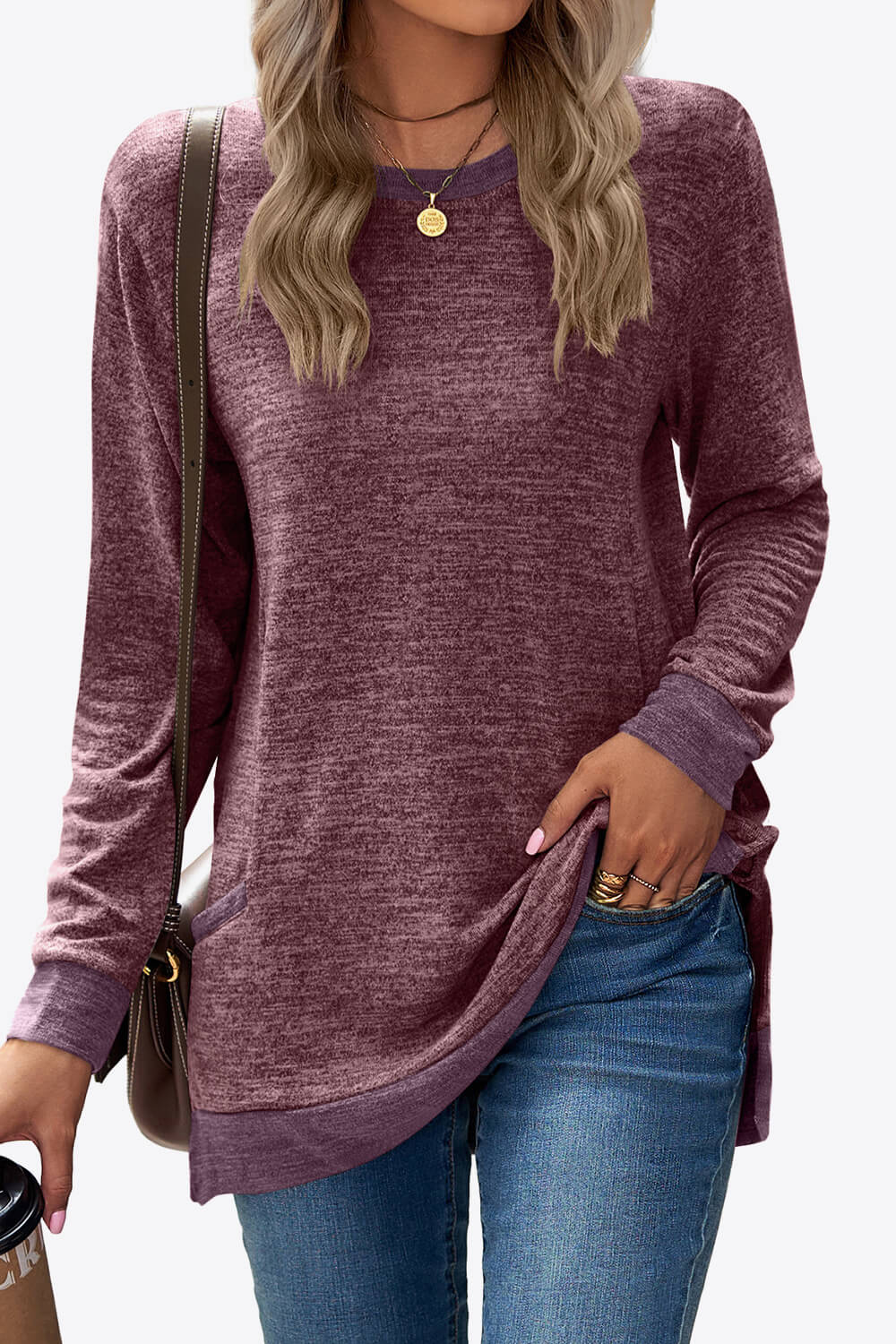 Heathered Slit Top with Pockets