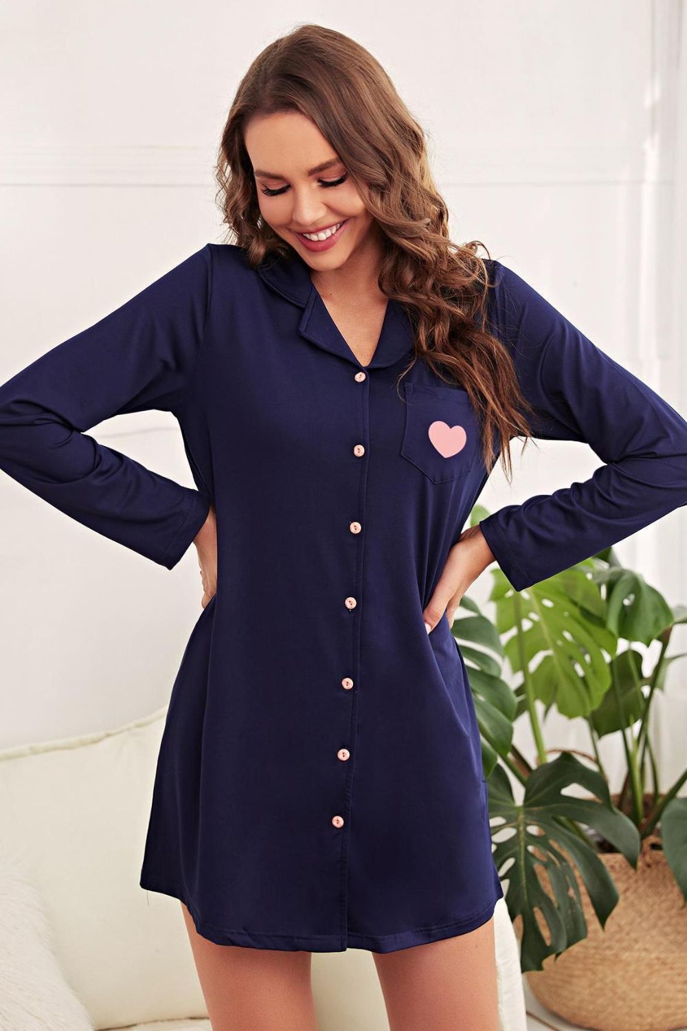 Heart Graphic Lapel Collar Night Shirt Dress