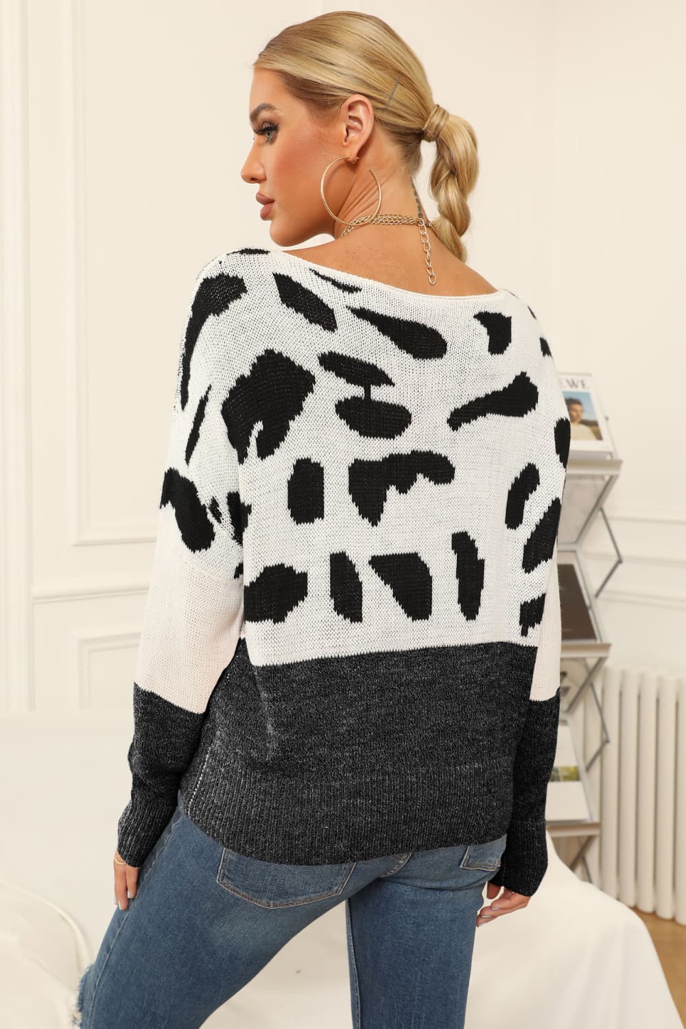 Full Size Two-Tone Boat Neck Sweater