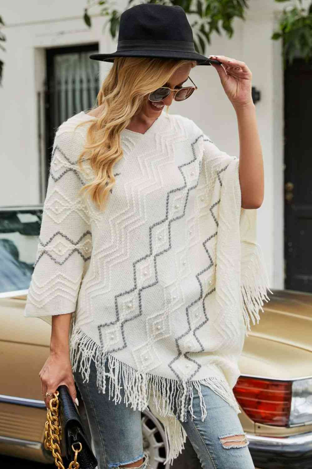 Pearl Trim V-Neck Fringe Hem Poncho