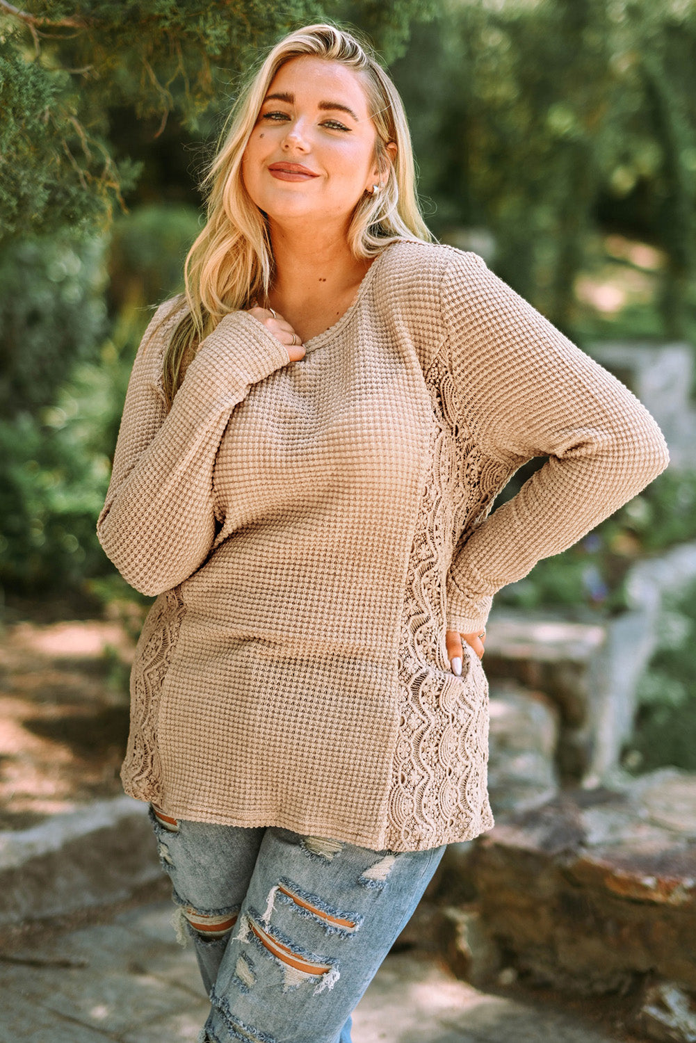 Haut en Dentelle Épissé en Tricot Gaufré de Grande Taille