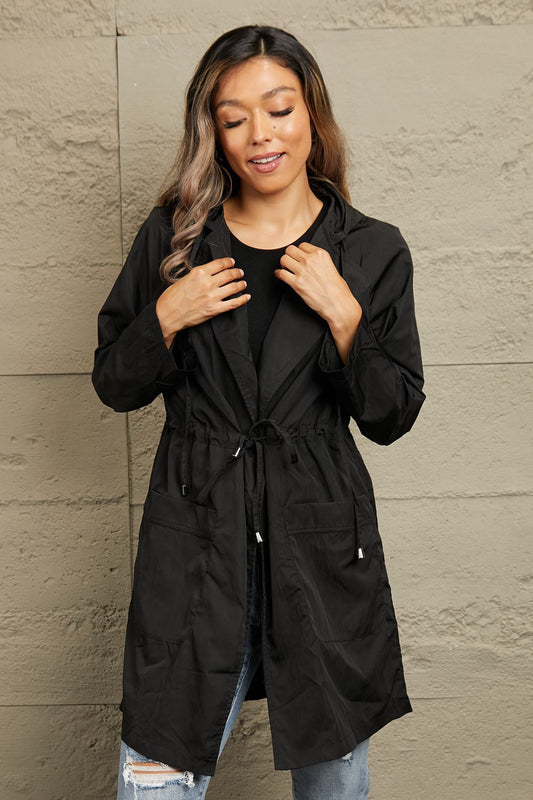 Double Take Drawstring Hooded Longline Jacket