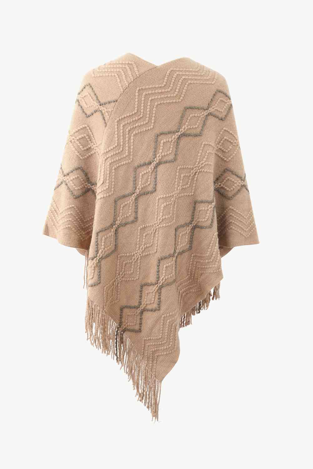 Pearl Trim V-Neck Fringe Hem Poncho