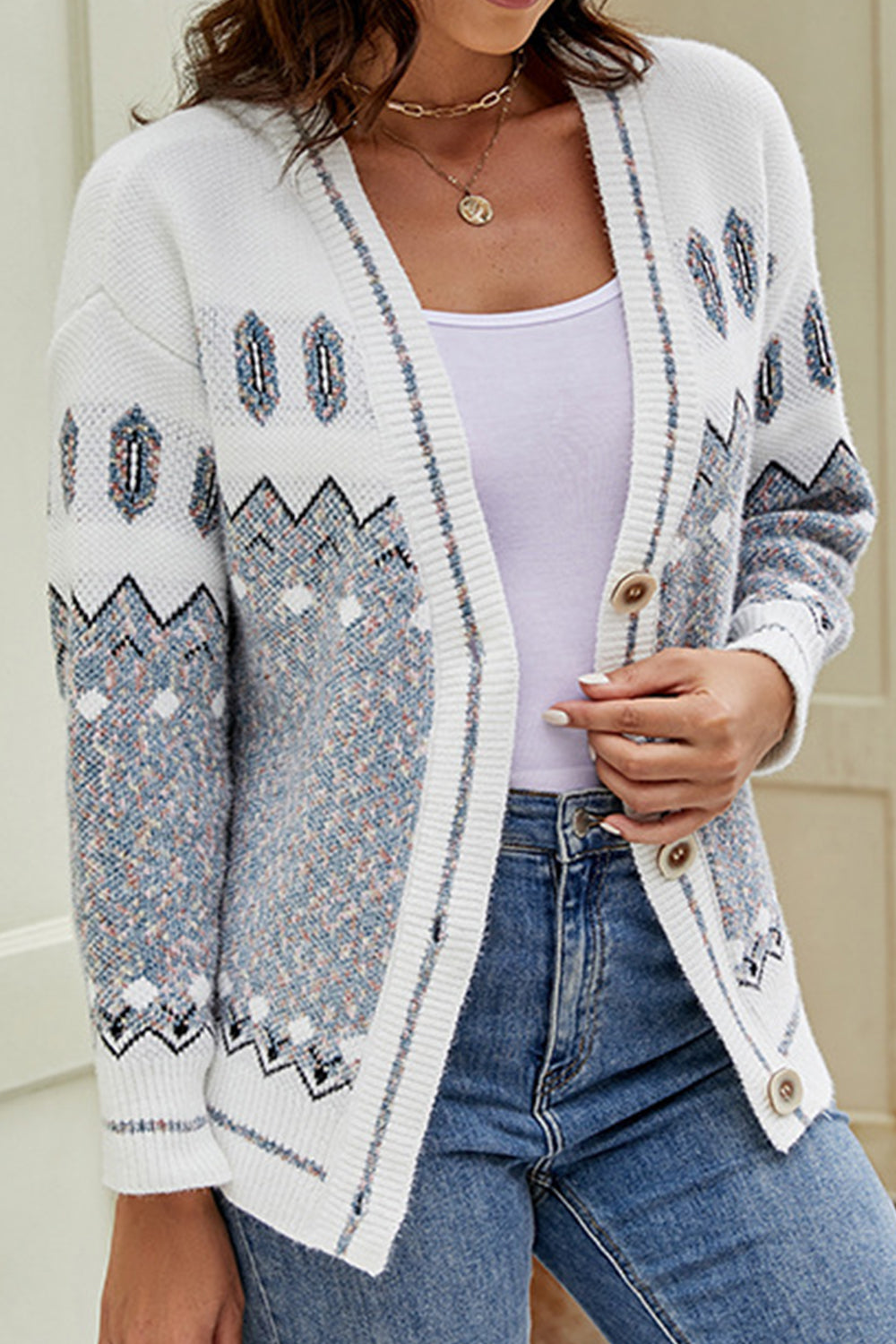 Printed V-Neck Buttoned Cardigan