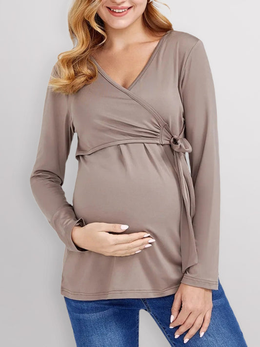 Women’s Chest Wrap Tie Maternity Nursing Blouse With Long Sleeves